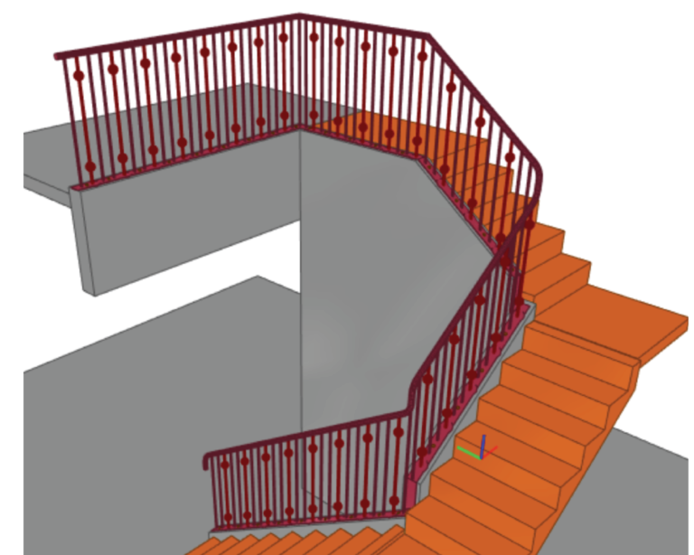 Portfolio 28 Structural steel detailing 3D model of stairs and handrails, showing stair framing, treads, and balustrade components.