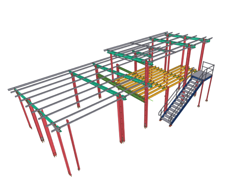 Portfolio 25 Structural steel detailing 3D model showing building frame with beams, columns, and secondary steel elements.