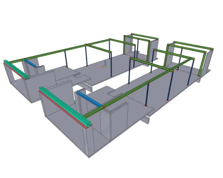 Portfolio 26 Structural steel detailing 3D model showing building core and perimeter framing with beams, columns, and edge members.