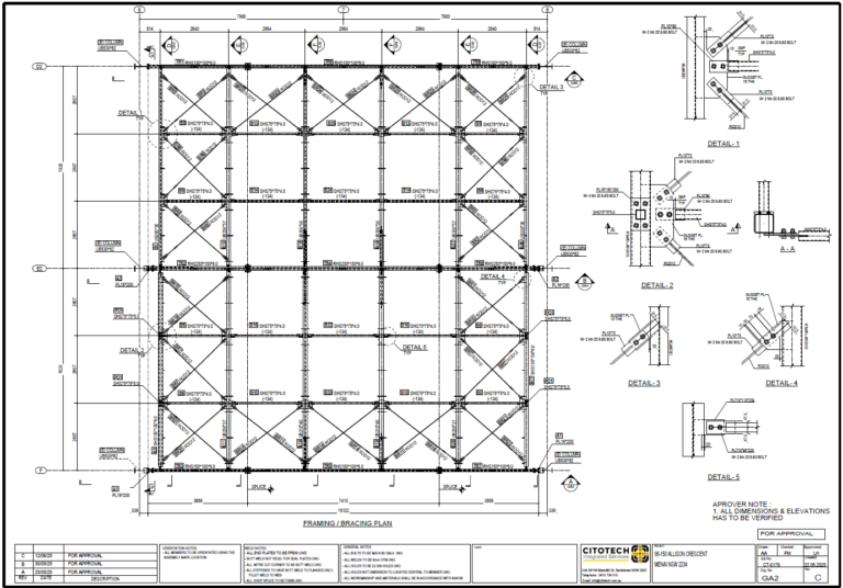 Portfolio 13 Structural steel general arrangement drawing showing framing layout, grid lines, member locations, and connection references.