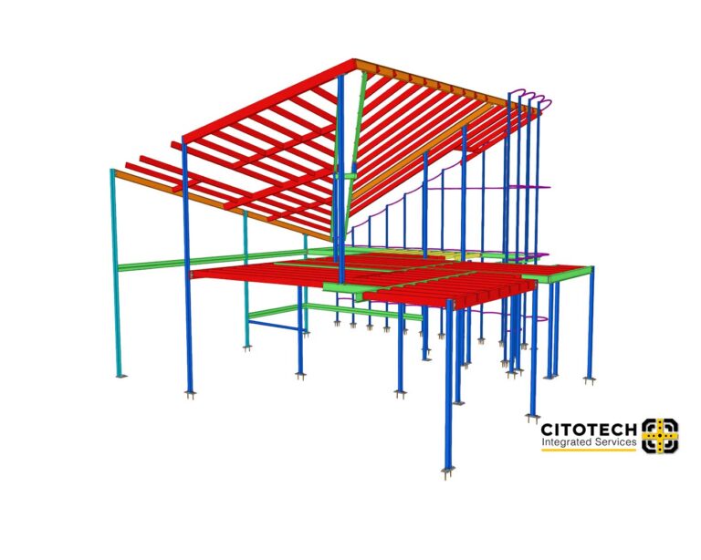 Structural Steel Detailing Services 9 Structural steel detailing 3D model for a commercial building in Australia, showing coordinated beams, columns and roof framing for fabrication-ready construction.