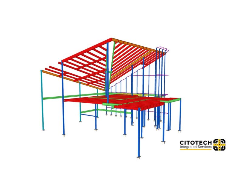 Portfolio 10 Structural steel detailing 3D model for a commercial building in Australia, showing coordinated beams, columns and roof framing for fabrication-ready construction.