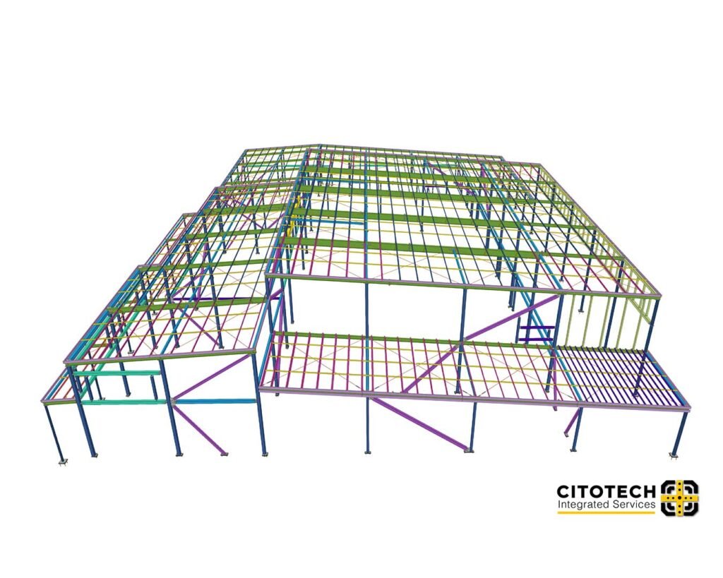 Structural steel detailing 3D model showing roof framing and primary steel structure for a commercial building.