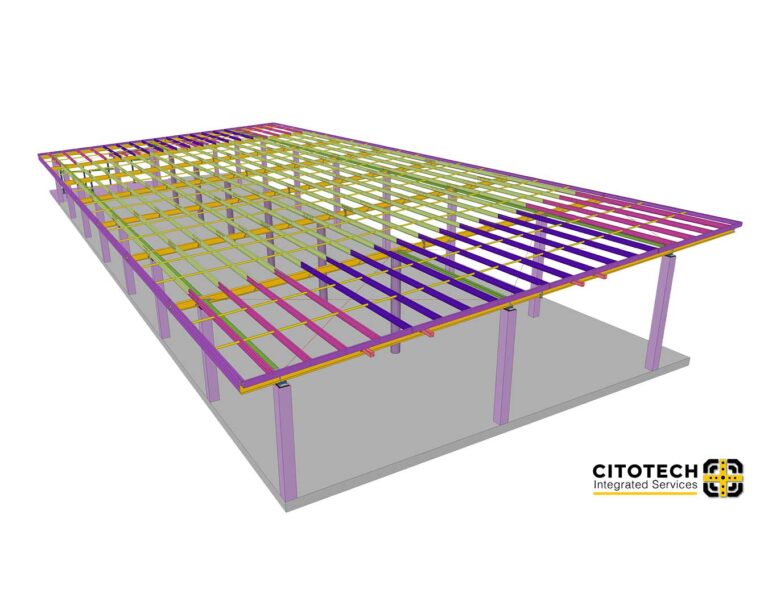 Portfolio 9 Structural steel detailing 3D model for a commercial building in NSW, Australia, showing coordinated beams, columns and roof framing.