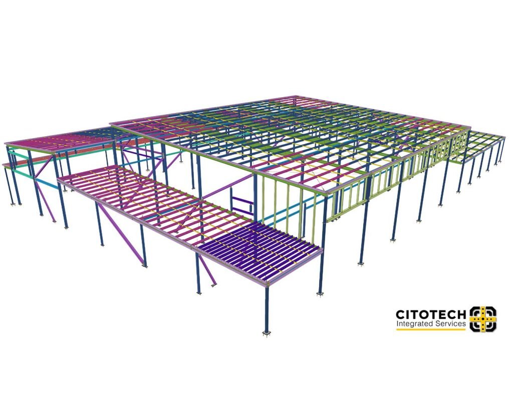 3D steel detailing model of a commercial building structure with columns, beams and roof framing by Citotech Integrated Services.