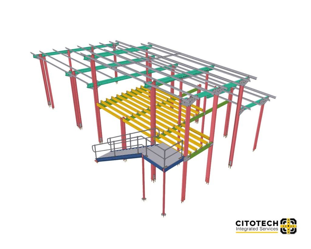 Structural steel detailing services 3D model showing commercial building frame with beams, columns, and roof structure across Australia.