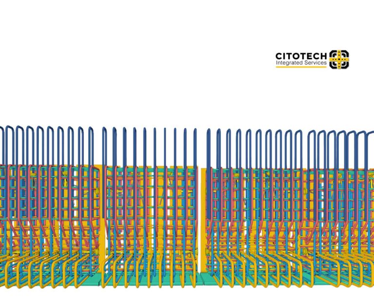 Portfolio 20 Precast concrete detailing 3D model showing reinforcement layout and embed coordination for concrete panels.