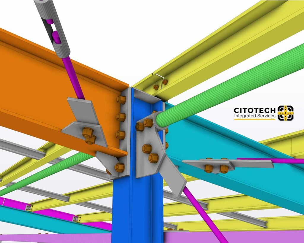 Structural steel detailing connection detail showing beam-to-column joint with bolts and coordinated steel members.