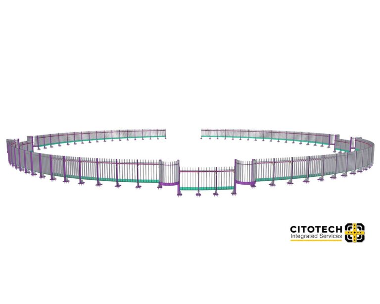 Portfolio 22 Structural steel detailing 3D model of a circular steel frame showing curved members and connection layout.