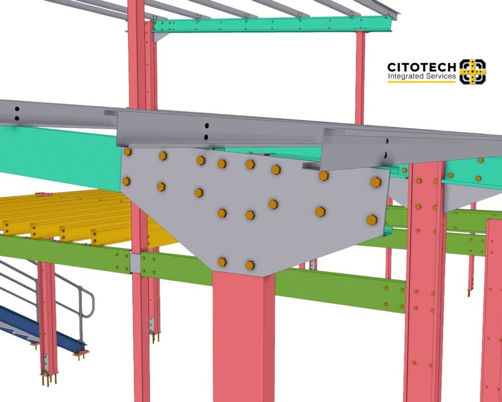 Structural steel detailing connection detail showing bolted beam-to-column joint with plates and fixings.