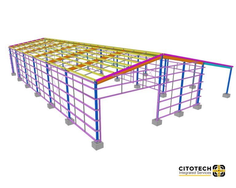 Portfolio 1 Structural steel detailing 3D perspective model showing commercial building frame with beams, columns, and roof structure.