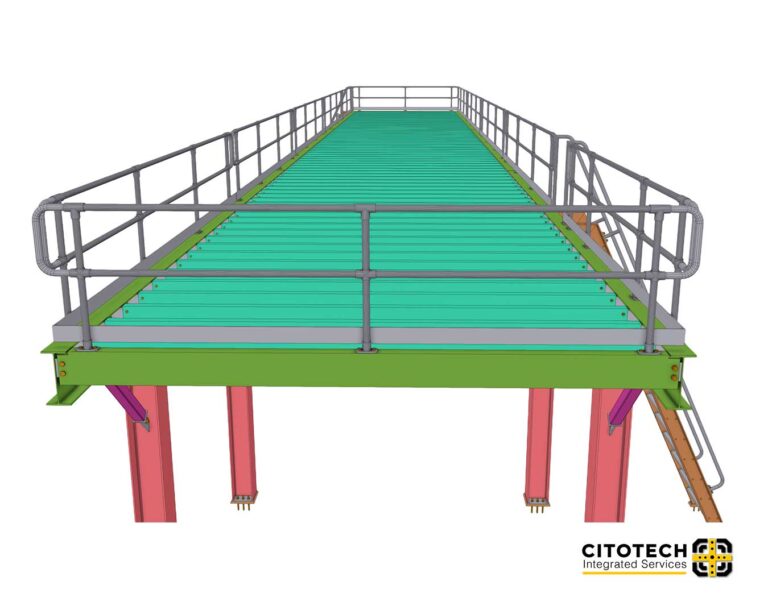 Portfolio 18 Structural steel detailing 3D model of an access platform with walkway and handrails for industrial construction.